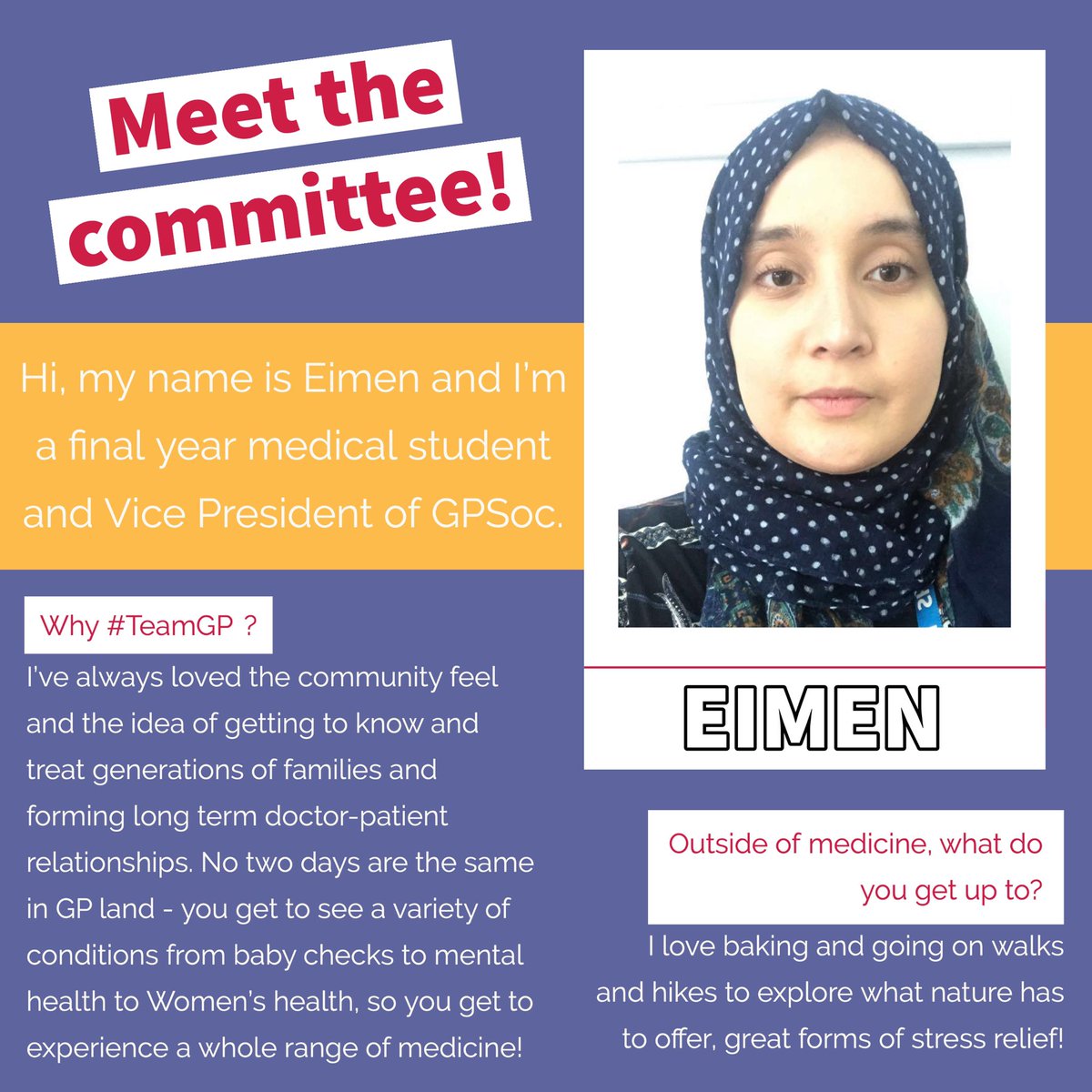 GPSocHYMS's tweet photo. Meet Eimen, our Vice President ✨ #GPSoc #discoverGP #teamGP https://t.co/KSnZuuTXAC