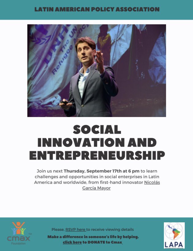 Join us on our first event this Thursday 09/17 at 6 pm! We will have a conversation with <a href="/NicoGarciaMayor/">Nicolás García Mayor</a>, an Argentine entrepreneur, focused on humanitarian development, social innovation, and environmental preservation, founder of <a href="/cmaxfoundation/">Cmaxfoundation™</a>. RSVP link in our bio!