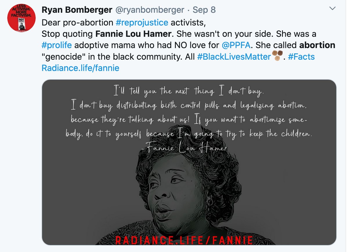 For years the anti-abortion movement has co-opted and cherry picked Fannie Lou Hamer's words and legacy to fit their anti-Black propaganda. She was forcibly sterilized by our government—exactly what is happening in ICE jails by the "most pro-life administration".Now? Silence.  https://twitter.com/RBraceySherman/status/1305871832827006977