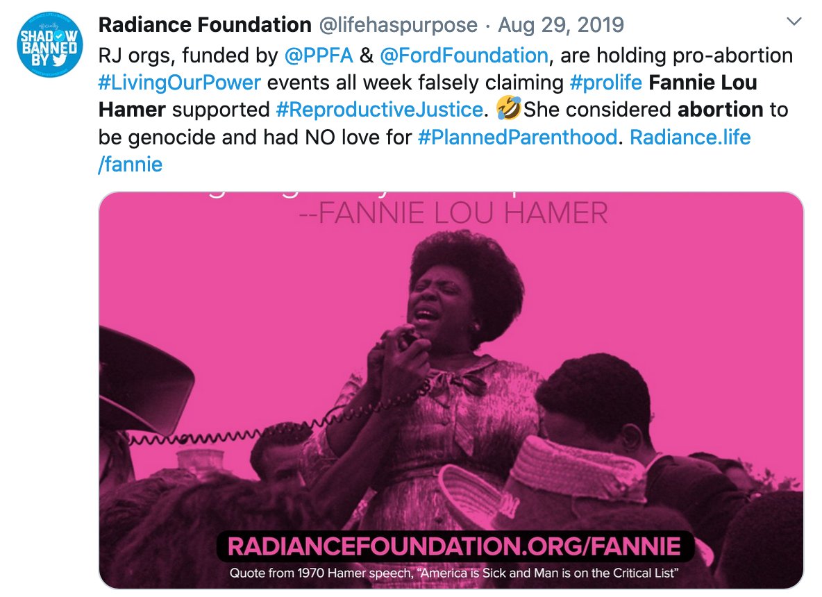 For years the anti-abortion movement has co-opted and cherry picked Fannie Lou Hamer's words and legacy to fit their anti-Black propaganda. She was forcibly sterilized by our government—exactly what is happening in ICE jails by the "most pro-life administration".Now? Silence.  https://twitter.com/RBraceySherman/status/1305871832827006977