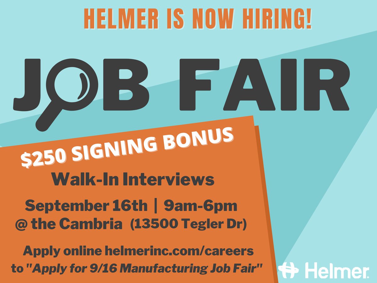 JobsatHelmer's tweet photo. Don't miss our job fair today at the Cambria in Noblesville, we're here until 6pm! Did you mention we have a $250 sign on bonus? https://t.co/K0v2n2N36G