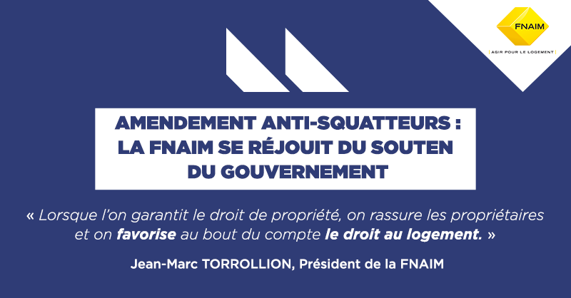 FNAIM's tweet photo. Amendement anti-squatteurs: la FNAIM salue le soutien du Gouv à l’amendeT de @guillaumekasba. Une mesure de rééquilibrage rassurante et attendue de longue date par les propriétaires &amp; les pros de l'#immobilier, pour garantir le droit de propriété, sans nier le droit au #logement. https://t.co/fVgnCnKCZf