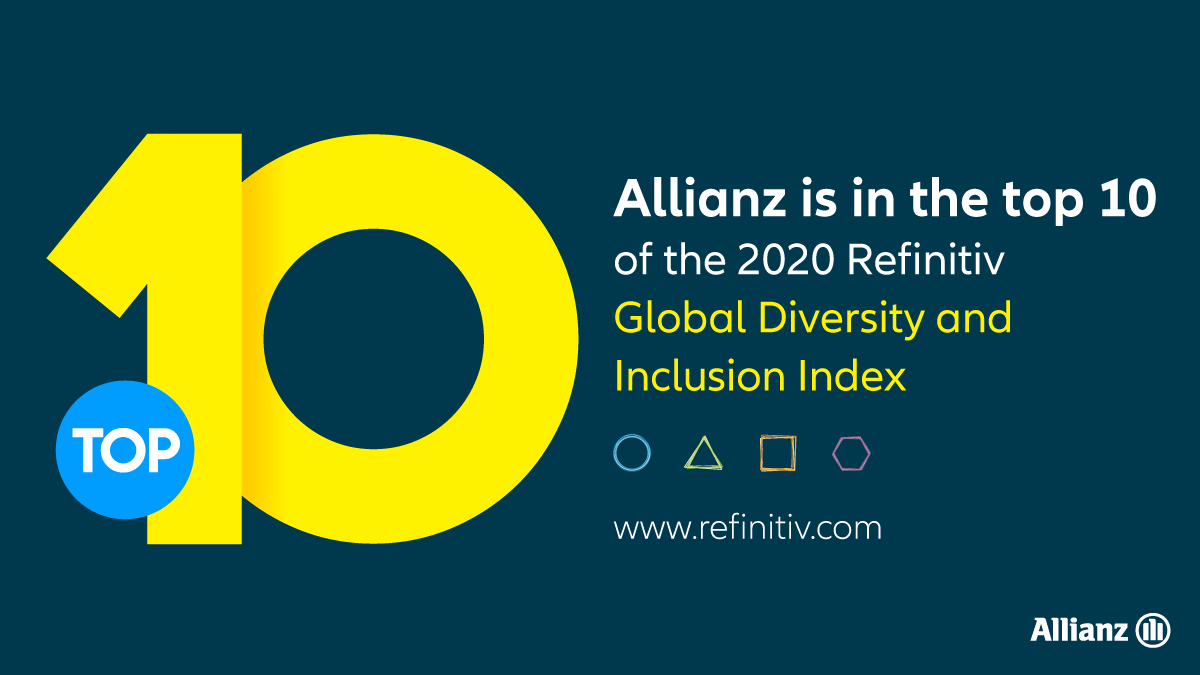Allianz's tweet photo. #Allianz has been ranked #7 in the @Refinitiv Global Diversity &amp; Inclusion Index 2020! We believe that work should be a place where every #Allianzer feels safe to bring new ideas and be themselves. Want to learn more? 
👉👉 https://t.co/bzg1VErbhy #Diversity #Inclusion https://t.co/dKGvDjlQJa