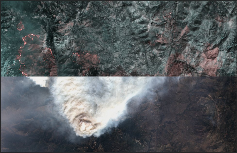 We've launched an additional two fire focused layers. Read all about them here: caltopo.com/about/2020/09/… (Image: side by side of true color image below false-color burn filter)