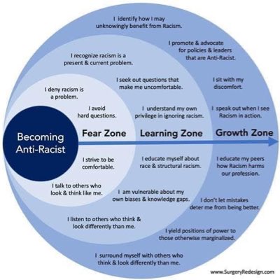"Becoming anti-racist is easier to pen than to live. What zone are you in? What zone are you aiming for? Have you asked for feedback from others on whether or not you are meeting your goals?"

#antiracism101