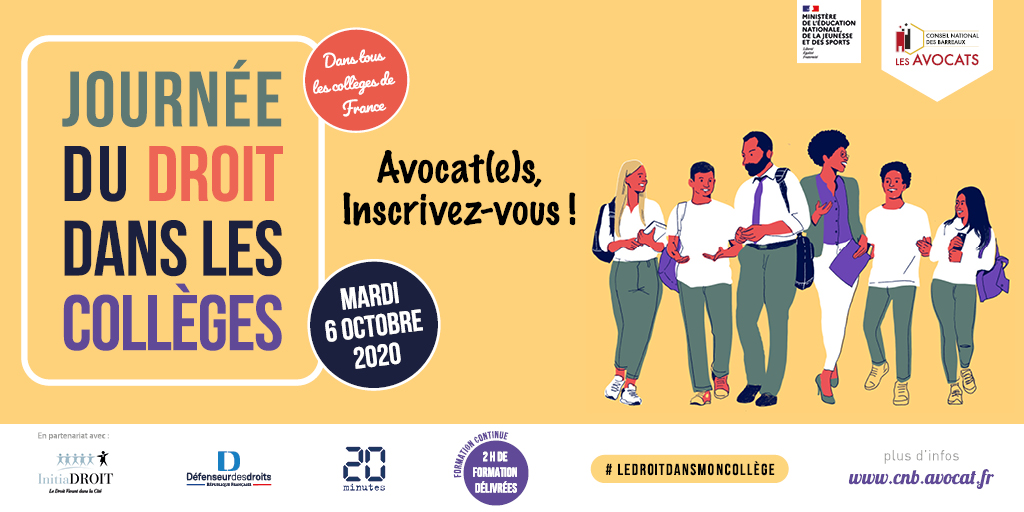 Le Conseil national des barreaux lance la 3ème édition de la Journée du droit dans les collèges mardi 6 octobre ! #ledroitdansmoncollège

Avocat(e)s, les collégien(ne)s vous attendent pour parler des libertés.

Inscrivez-vous sans tarder >> journeedudroit.fr