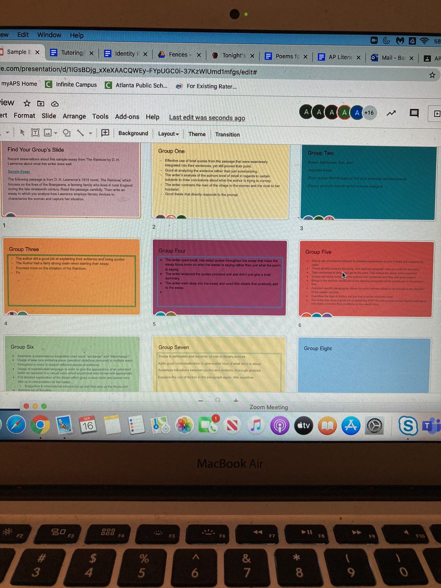 If you create a slide for each breakout room group and have students work there, you can set to grid view and see which groups need help and track their progress while on Zoom. Thanks to <a href="/HerreraKM1/">Kelly Herrera</a> for the idea.