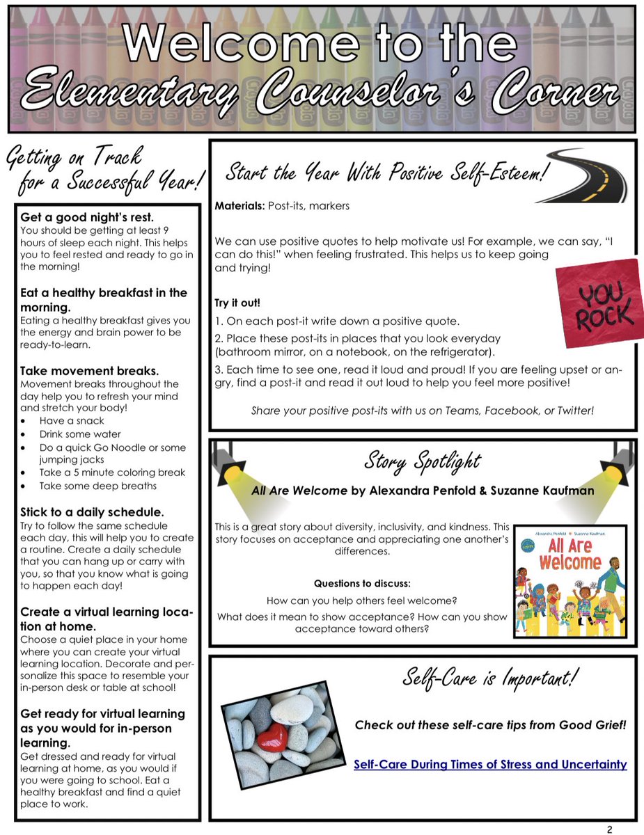 Check out our first Elementary Counselor’s Corner newsletter!

-Contact information 📞
-Important dates 🗓
-Tips for a successful year 👍🏼
-Self-care strategies ❤️
-A story spotlight 📚
-And a positive self-esteem activity 😊! 

<a href="/debbiehessels1/">Debbie Hessels</a> #RandolphSchools