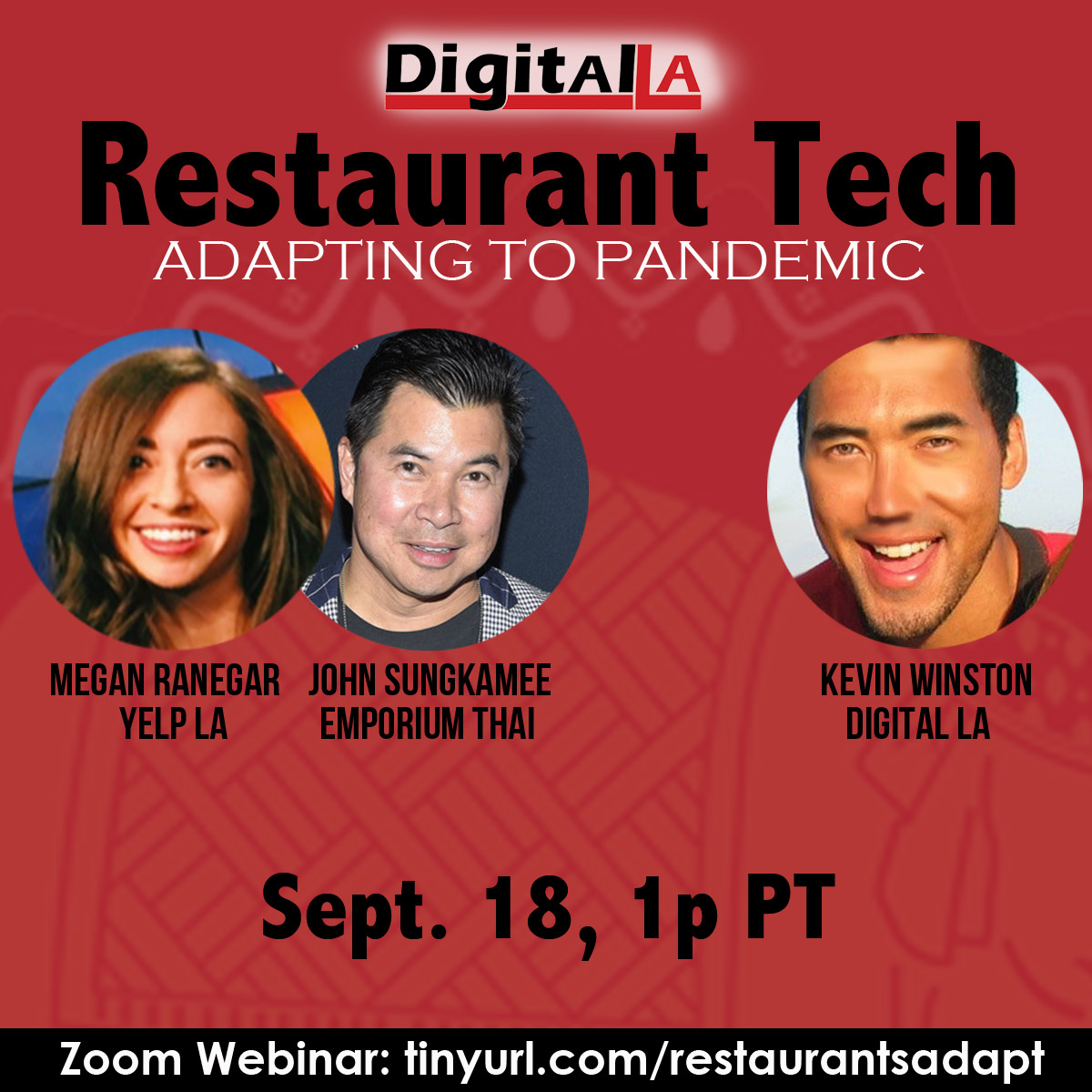 At our Restaurant Tech panel, speakers from <a href="/YelpLA/">Yelp LA</a> and <a href="/EmporiumThai/">Emporium Thai</a> discuss how they've adapted to pandemic. We can add another restaurant owner or app to his panel! Message us if you have a digital/social story to add! FREE RSVP tinyurl.com/restaurantsada…