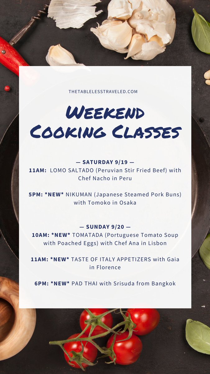 THIS WEEKEND is featuring FOUR brand new classes with chefs from Thailand, Portugal, Japan, Italy and Peru, and we cannot wait to share them with you! 

Save your spot for these classes and see more here: thetablelesstraveled.com/classes-overvi…