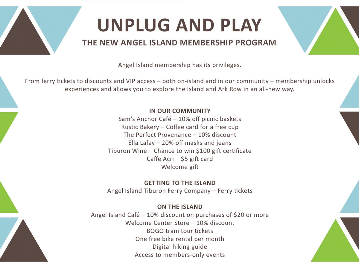 AIISForg's tweet photo. The @AngelIslandCon has a new Membership Program that offers multiple discounts both on Angel Island and in nearby Tiburon. For more information, go to https://t.co/0EBrFonnrM

#angelisland #tiburon #supportnonprofits https://t.co/RsYnVOCRMA