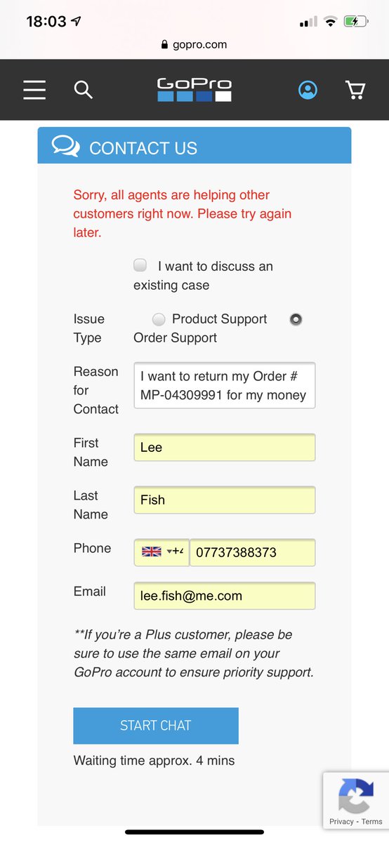 BigLeeFish's tweet photo. @GoPro I want to return my Order # MP-04309991 for my money back under the 30 day money back guarantee. How should I do this? I can’t get through on the chat. Thanks https://t.co/1f26j7HwsG