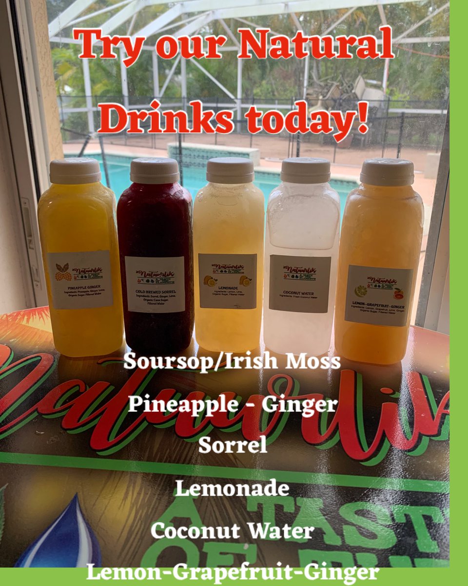 Try one of our All Natural Drinks today! 
#naturaldrink #naturaljuice #soursopirishmoss
#sorrel 
#lemongrapefruitginger 
#pineappleginger 
#coconutwater 
#lemonade