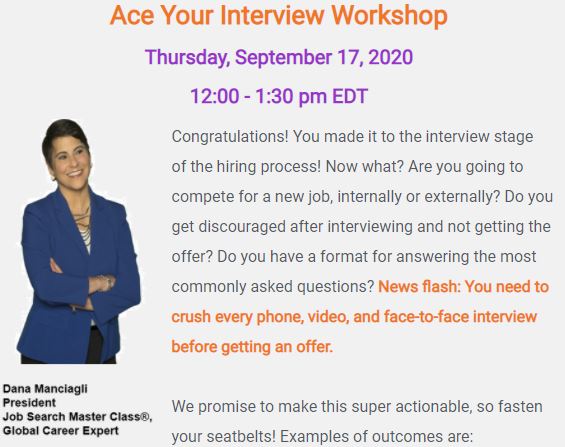 IAMCPVirtual's tweet image. @TheWITNetwork wants to help you ace your next interview! WIT members are invited to join an upcoming workshop led by Dana Manciagli, founder of Job Search Master Class®, author of Cut the Crap™. 
Register to attend on Sept. 17! ow.ly/42t350BsM1G

#IAMCPVirtualChapter