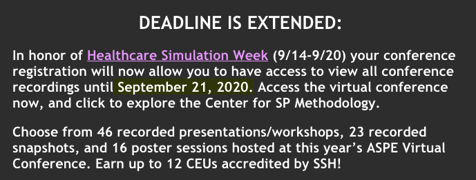 MTB_eli's tweet photo. For Healthcare Simulation Week, #ASPE2020's conference registration allows access to recordings until 9/21!
46 recorded presentations/workshops
23 recorded snapshots
16 poster sessions
Center for SP Methodology: https://t.co/yLdOiHvPW5
#HcSimWeek20 @HcSimWeek @ASPE_Tweets https://t.co/ZnLDIFgbCa