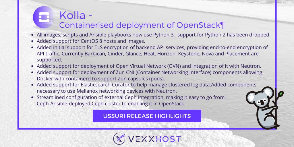 vexxhost's tweet image. Kolla provides production-ready #containers and #DeploymentTools for operating #OpenStack clouds that are scalable, fast, reliable, and upgradable using community best practices. Here's what's new on the #UssuriRelease!
#WednesdayWisdom