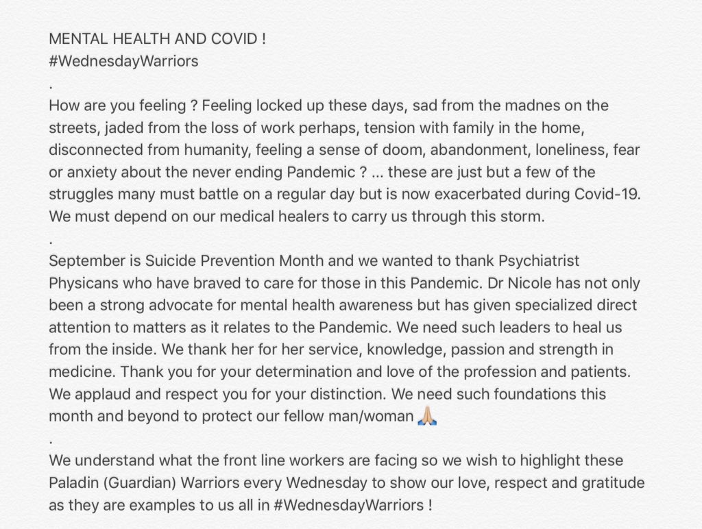 Innov8YourLife's tweet photo. MENTAL HEALTH AND COVID !
#WednesdayWarriors
Thank you Dr Nicole for being a strong advocate for mental health awareness!
#residents #medstudents #yalealum #yale #physiciansafety #ppeshortage #coronavirus #COVID19 #frontlineworkers #frontlineworkers #aafp #ama #quarantinelife https://t.co/3FTibuqklP