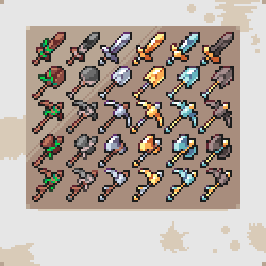 Enphamiss's tweet photo. Another Re-do. Similar background, tools this time. I'm a bit reluctant about the pickaxes.

#Pixelart #Minecraft #ドット絵 https://t.co/T0QVrbdXEE