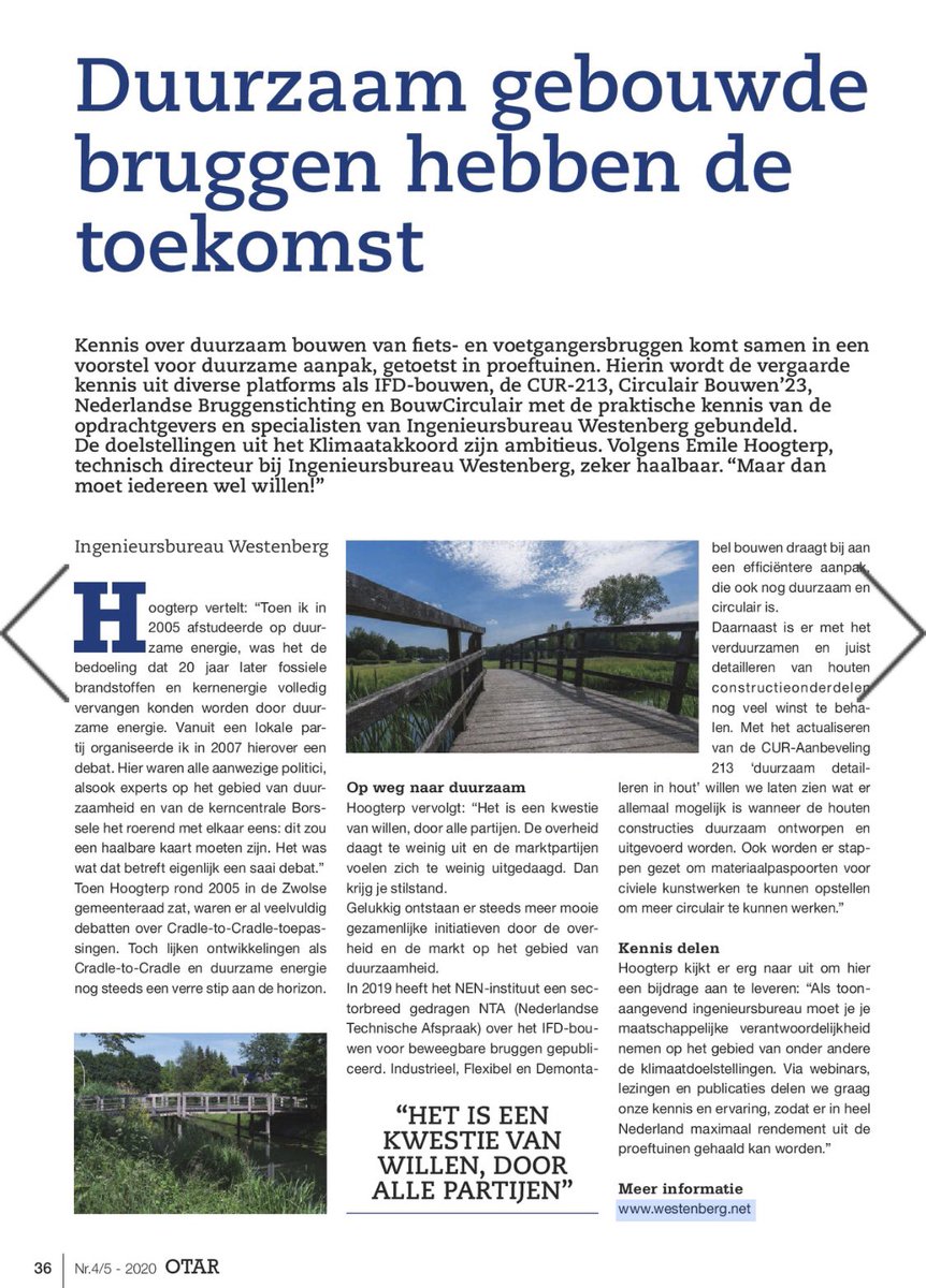 Opeens sta ik gewoon 3x in de otar. Met een persoonlijk interview over #duurzaamheid, met een artikel hoe de processen binnen #Rijkswaterstaat te vereenvoudigen en Centrum #Hout die onze onderzoeksresultaten gebruikt heeft. Zie content.yudu.com/web/1r3p1/0A1r… bladzijde 36, 40-43 en 22-24