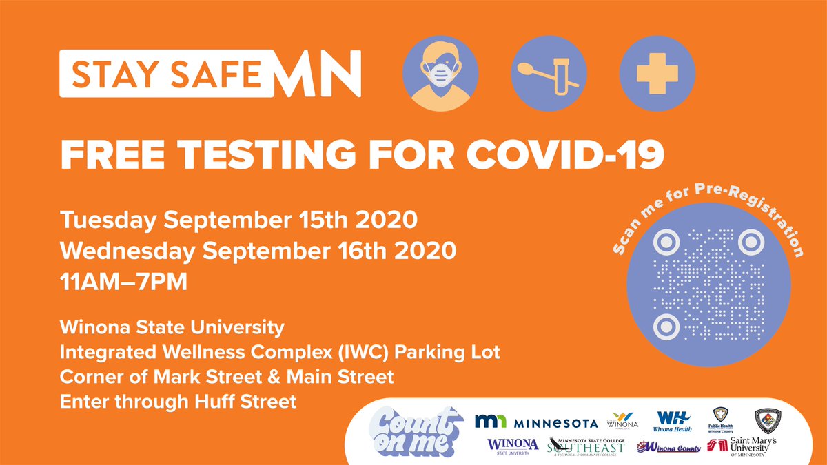 winonastateu's tweet photo. Today is the last day to receive FREE testing for COVID-19! Walk ups or drive-ups today from 11am - 7pm.

To pre-register, visit: https://t.co/Ls1XjYLkja
We're all in this together, Warriors! #CountOnMe #WarriorsTogether https://t.co/sKZugUYdwM