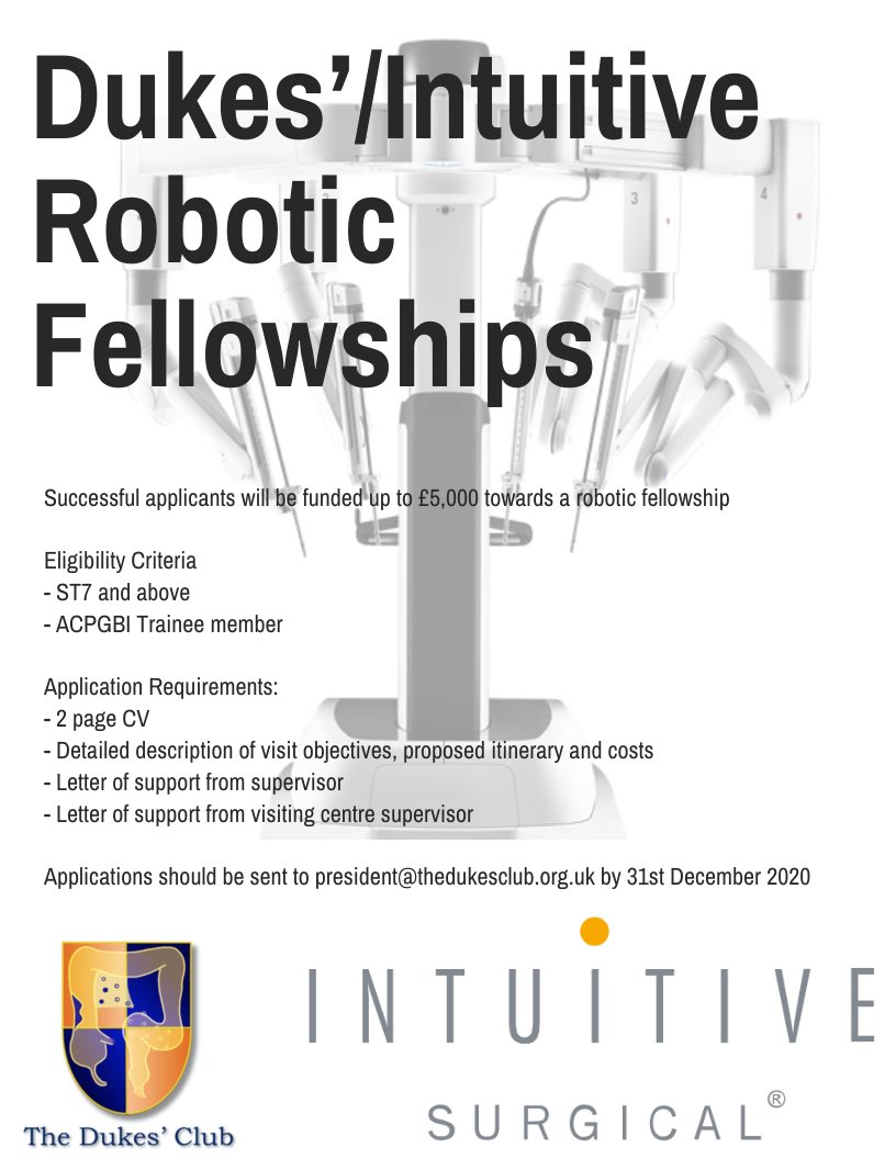 Applications to <a href="/Dukes_Club/">The Dukes' Club</a> <a href="/IntuitiveSurg/">Intuitive</a> robotic Travelling Fellowships now open! Grateful to <a href="/IntuitiveSurg/">Intuitive</a> for generous support. Apply now, travel any time until June 2022