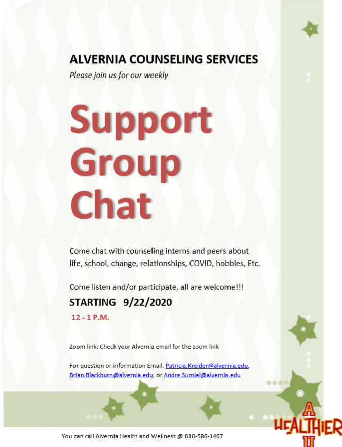 HWCAlvernia's tweet photo. Support group chats are back! Come hang out with the counseling services team on 9/22 at noon to get to know them and ask any questions you might have. https://t.co/DAgZ7SagkZ