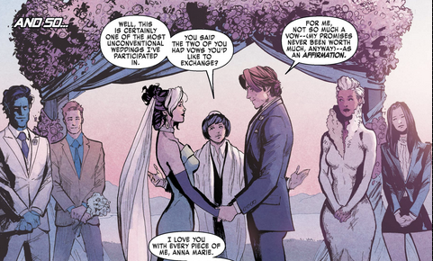 Kitty’s subconscious made her go incorporeal in the middle of her wedding. Then she left Colossus at the altar. Rogue and Gambit just decide to get married instead.