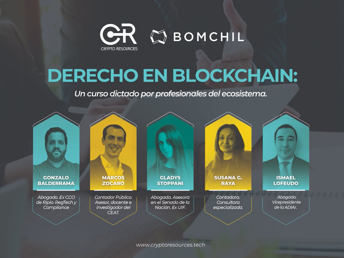 Bomchil's tweet photo. Extendemos la invitación al curso “Derecho en Blockchain”, organizado por Crypto Resources con dirección de Gabriela Castillo Areco. El mismo busca ofrecer un marco de referencia de los aspectos legales y contables que rigen el ecosistema cripto. https://t.co/FtC90kHrLg