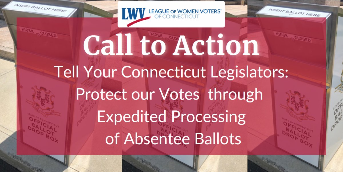 lwvct's tweet photo. Tell your CT Senator and Rep we need expedited processing of absentee ballots to ensure our votes are counted!
Use our alert as a template: https://t.co/bOON19Q5qi
#CTVotes https://t.co/r9m9LVMIw9