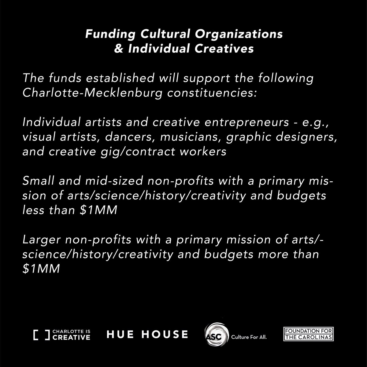 itsHueHouse's tweet image. Hue House is proud to announce the Invest In Creatives—Arts, Culture &amp;amp; Creativity Fund where $700k will be invested the independent artists &amp;amp; creatives impacted by COVID-19. 💪🏽 In partnership with @cltiscreative @asccharlotte and Foundation for the Carolinas