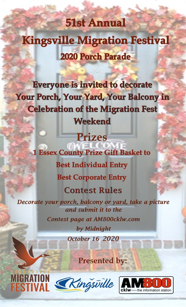 KingsvilleON's tweet photo. The 51st Annual Migration Fest   There are lots of activities throughout Town so come out and enjoy.  Here is a great little contest to get everyone involved.  The Porch Parade invites you to decorate your porch, balcony or yard in celebration of Migration Fest. https://t.co/d6fc2dRdhX