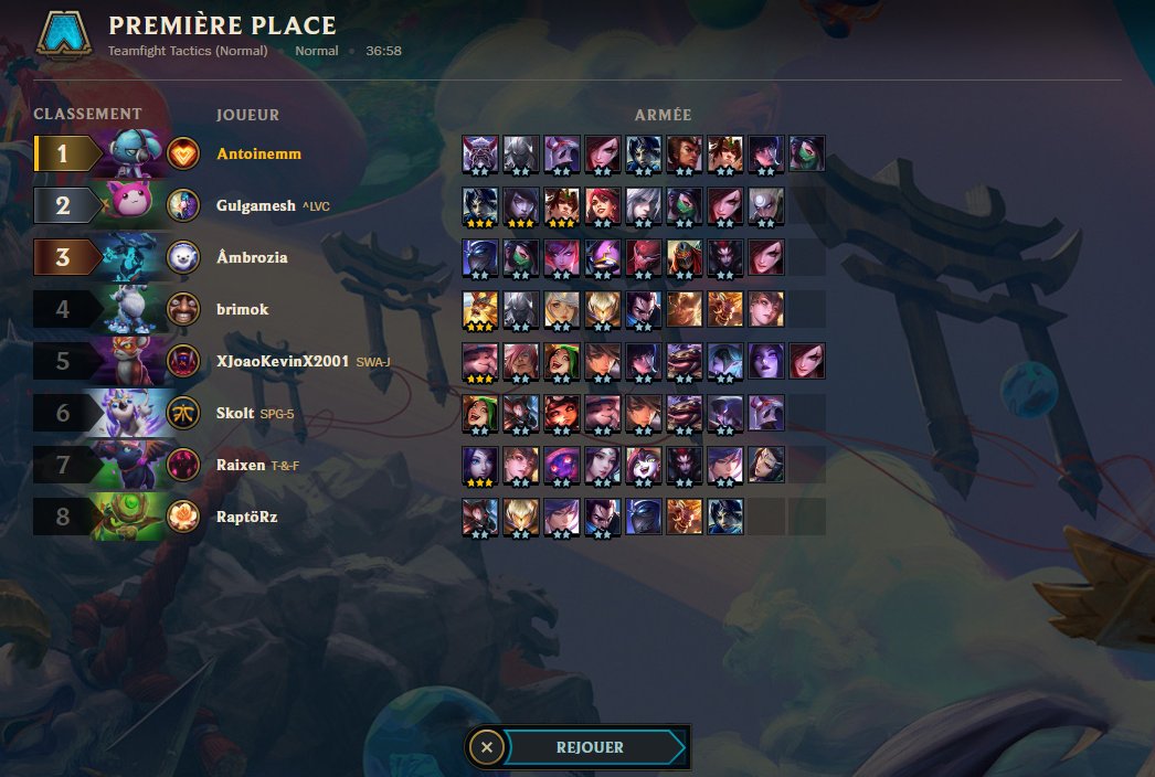Antoinemm31's tweet photo. J'ai voulu tester la MAJ de @TFT_France en rentrant du travail.
- 1er Game 🎮
- 1er Compo 🎽
- 1er Top1 🏆

Encore quelque game pour bien tout assimiler et GO RANKED ! https://t.co/nJYK8xBBwK