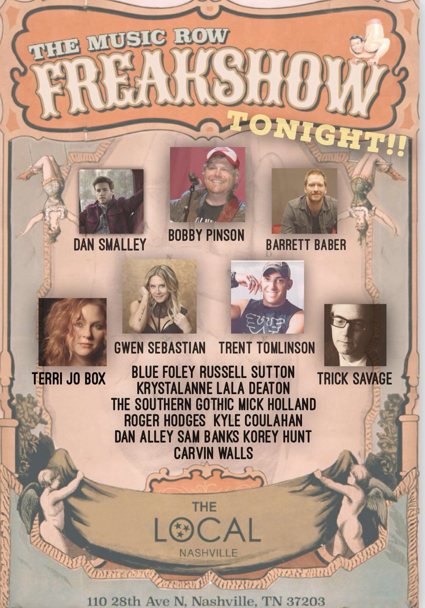 TONIGHT! <a href="/pinsonbobby/">Bobby Pinson</a> <a href="/trenttomlinson/">Trent Tomlinson</a> <a href="/BarrettBaber/">Barrett Baber</a> <a href="/DanSmalleyMusic/">Dan Smalley</a> <a href="/GwenSebastian/">Gwen Sebastian</a> <a href="/patsavage/">trick savage</a> <a href="/Bluefoley/">Blue Foley</a> <a href="/RussSuttonMusic/">Russell Sutton</a> <a href="/KyleCoulahan/">Kyle Coulahan</a> <a href="/CarvinWalls/">Carvin Walls</a> @mickhollandsong <a href="/KoreyHunt19/">Korey Hunt</a> @1Sammy_B <a href="/DanAlleyMusic1/">Dan Alley</a> <a href="/laladeatonmusic/">LaLa Deaton</a> @rogerhodges