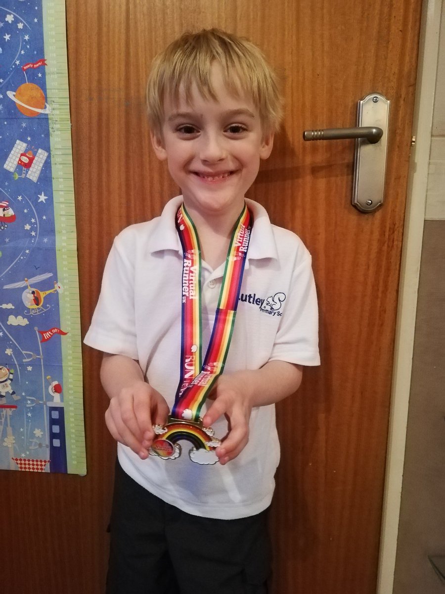 basilbrushmkII's tweet photo. @LutleyPrimary Ben is very excited. He took part in the "Run the Rainbow" virtual running challenge, where he had to run a minimum of 10km. He ran 10.22km over 5 runs, the longest run being 3km! Today he got this very shiny medal for his achievement and is very proud of himself. https://t.co/VUNyjGoB98