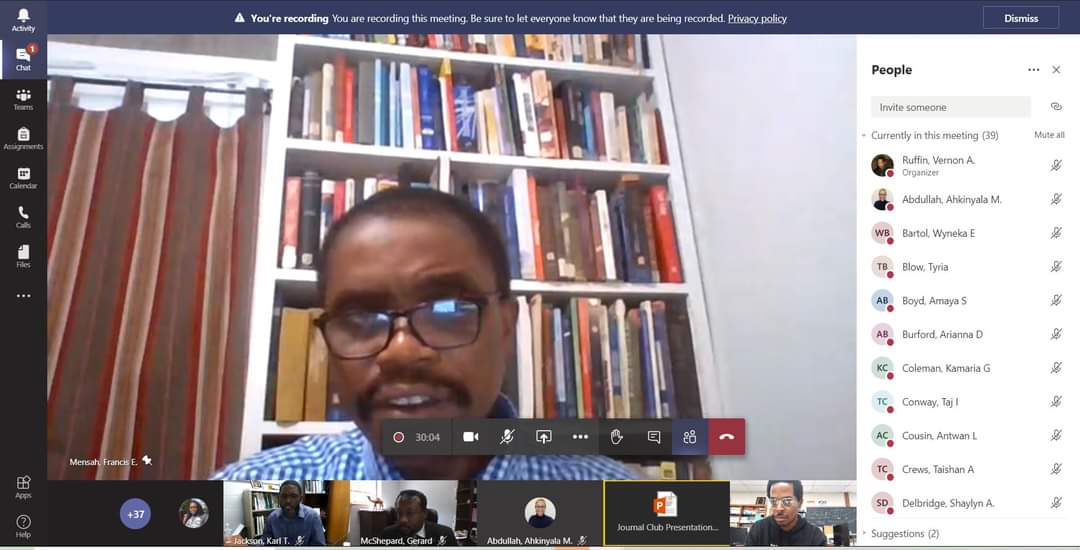 RuffinNeuroLab's tweet photo. Virginia STEM Research Journal Club (VSRJC) is happening now.
Dr. Mensah (physics) is talking about measuring water vapor.
#vuu #RuffinNeuroLab #STEM #physics #vsrjc #blackinphysics https://t.co/bhc5kzm6oc