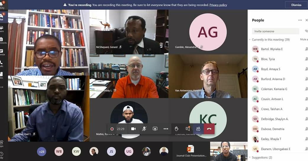 RuffinNeuroLab's tweet photo. Virginia STEM Research Journal Club (VSRJC) is happening now.
Dr. Mensah (physics) is talking about measuring water vapor.
#vuu #RuffinNeuroLab #STEM #physics #vsrjc #blackinphysics https://t.co/bhc5kzm6oc