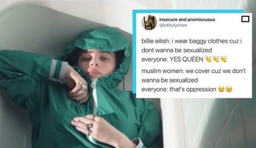 Meten met twee maten. Wanneer zangeres Billie Eilish baggy en bedekkende kleding draagt om niet 'geseksualiseerd' te worden, is zij een heldin. Maar wanneer moslimvrouwen dit doen, dan zijn wij onderdrukt. Lees meer in dit opiniestuk van Rania Rizvi, buff.ly/3lWc8RH