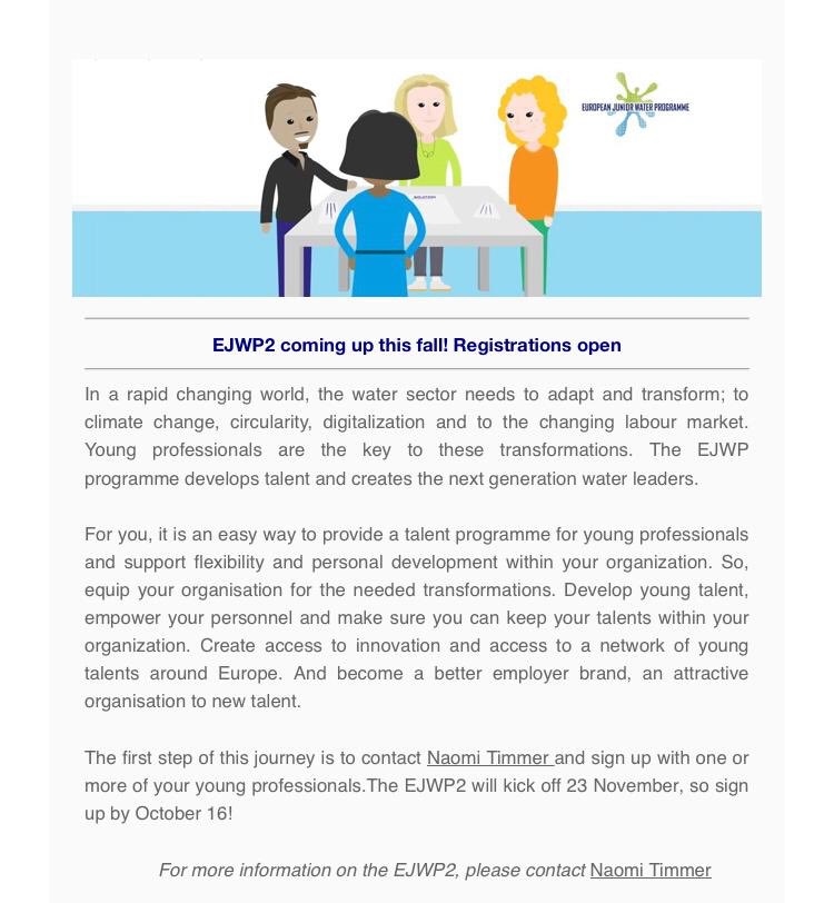 eujwp's tweet photo. The new timeline for starting #EJWP2 a #leadership Programme of #youngprofessionals from divers backgrounds, countries, #water organizations from all around #Europe to join forces and learn together. 
#Innovation

Kick off 23/11/2020
https://t.co/fZ2LPQBNTM

#EUGreenDeal #water https://t.co/9wbiEPBwP4