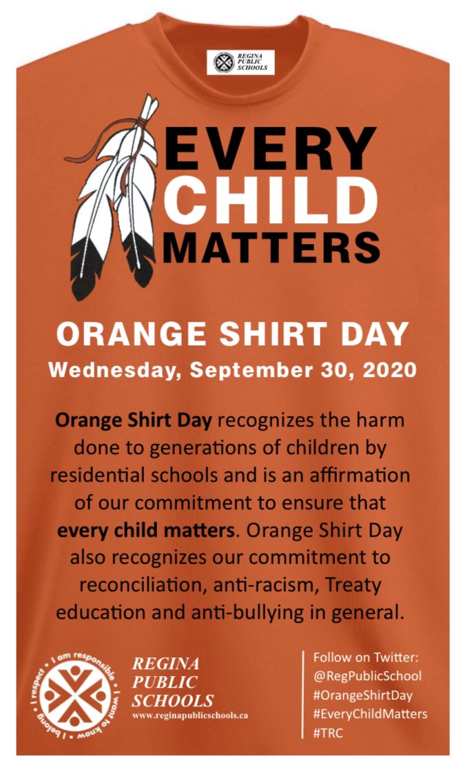 RegPublicSchool's tweet image. Regina Public Schools will be participating in Orange Shirt Day on Wednesday, Sept. 30, 2020. Check with your school for details.