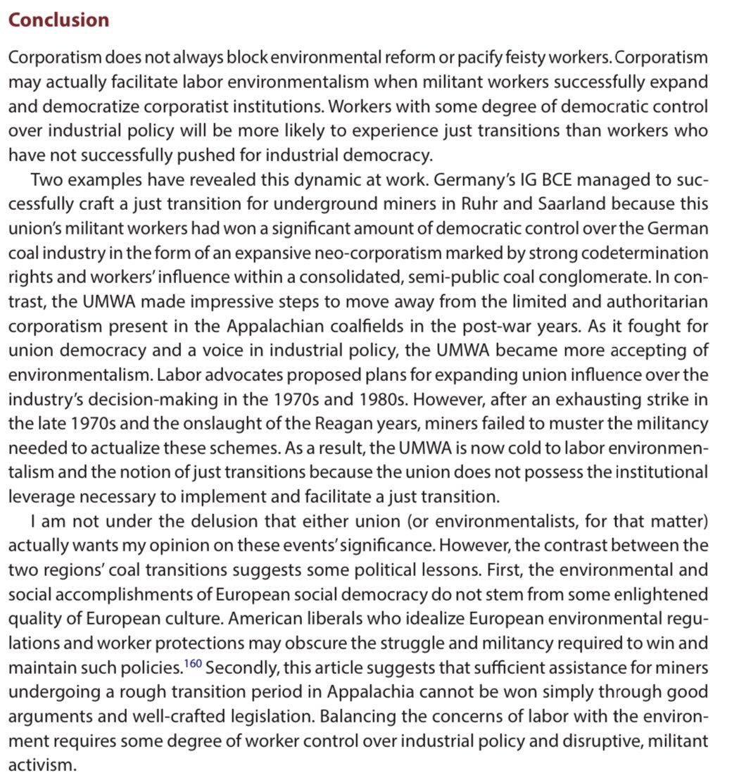 One concern is unions preserving jobs in dying industries like coal. This paper compares the US and Germany, showing that it’s actually worker strength in Germany that enabled mining unions to support phasing out coal with a just transition for workers  https://www.tandfonline.com/doi/abs/10.1080/07393148.2017.1301313