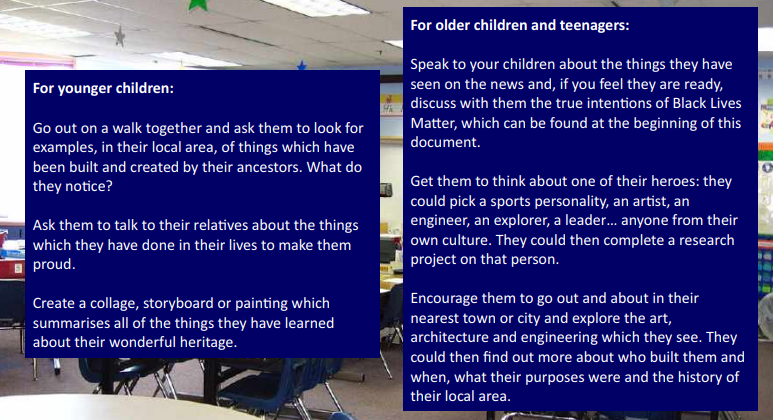 Then, when suggesting activities to highlight the achievements of British ancestors, they encourage the discussion of the 'true intentions of BLM' that can be found at the beginning of the document (?) /3.