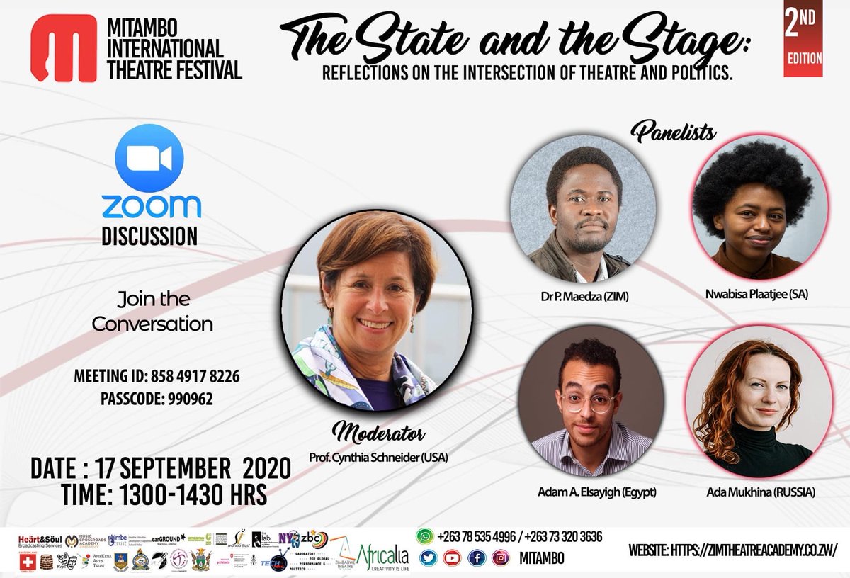 TheLabGU's tweet photo. Join Lab Co-Director @schneidercp and Lab Fellows @AdamElsayigh and @ada_mukhina for a discussion about the intersection of theatre and politics as part of the Mitambo International Theatre Festival, organized by Lab Fellow Lloyd Nyikadzino Thurs at 7am EST!
Zoom linked below https://t.co/N4gzKzOE8x
