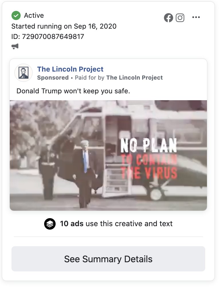 The  @ProjectLincoln is currently running ads which claim that  @realDonaldTrump has "no plan" to keep America safe or to contain the virus. This is a blatant lie. President Trump has unveiled several initiatives to keep America safe and to contain the virus. /8