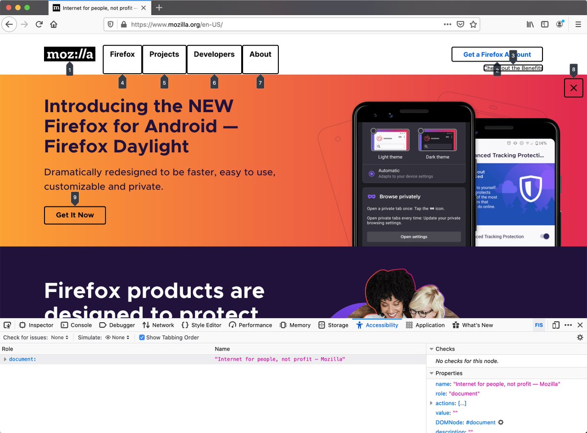 FirefoxDevTools's tweet image. Work In Progress: Tabbing Order in the Accessibility Panel:
When activated, the overlay highlights all elements that are in the keyboard tabbing order with their respective tabbing index.
Feedback welcome!
--@yura_zen