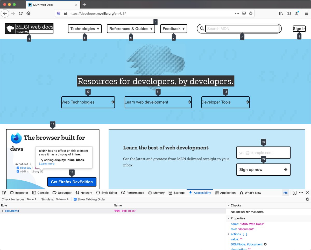 FirefoxDevTools's tweet image. Work In Progress: Tabbing Order in the Accessibility Panel:
When activated, the overlay highlights all elements that are in the keyboard tabbing order with their respective tabbing index.
Feedback welcome!
--@yura_zen