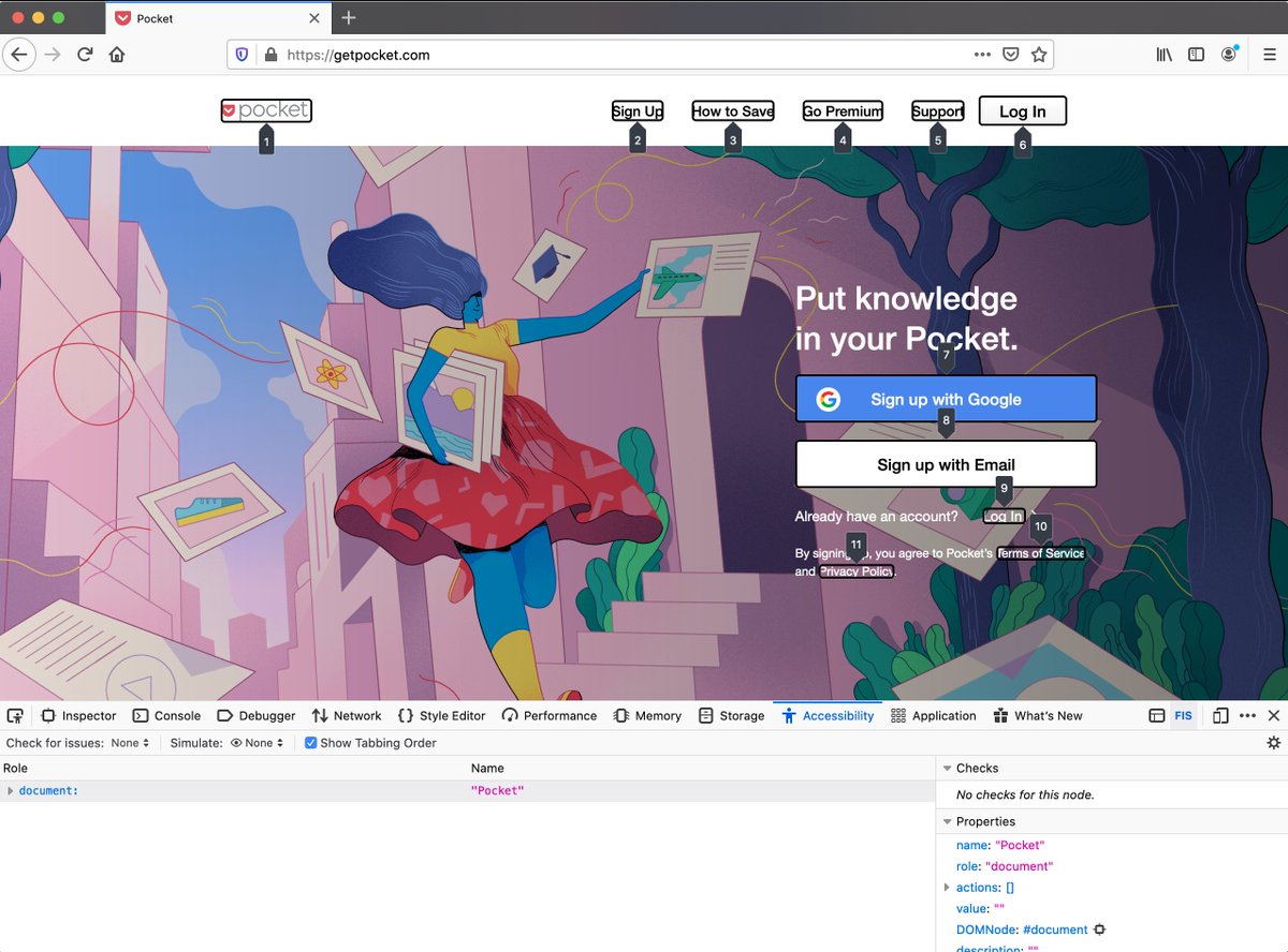 FirefoxDevTools's tweet image. Work In Progress: Tabbing Order in the Accessibility Panel:
When activated, the overlay highlights all elements that are in the keyboard tabbing order with their respective tabbing index.
Feedback welcome!
--@yura_zen
