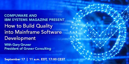 Join us tomorrow (9/17) when digital transformation expert <a href="/GRUVERGary/">Gary GRUVER</a> &amp; Compuware Product Mgr Steen Brahe team up to share strategies for building in quality throughout the SDLC. Registration &amp; details: bit.ly/3c4ewBv #IBMz #DevOps #Agile