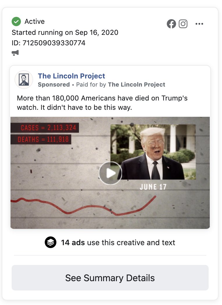  @ProjectLincoln has another blatantly misleading ad that isn't just missing context - it deliberately takes  @realDonaldTrump quotes out of context. They even make the claim that "it didn't have to be this way" in regard to COVID deaths. How can that be "fact-checked?" /10