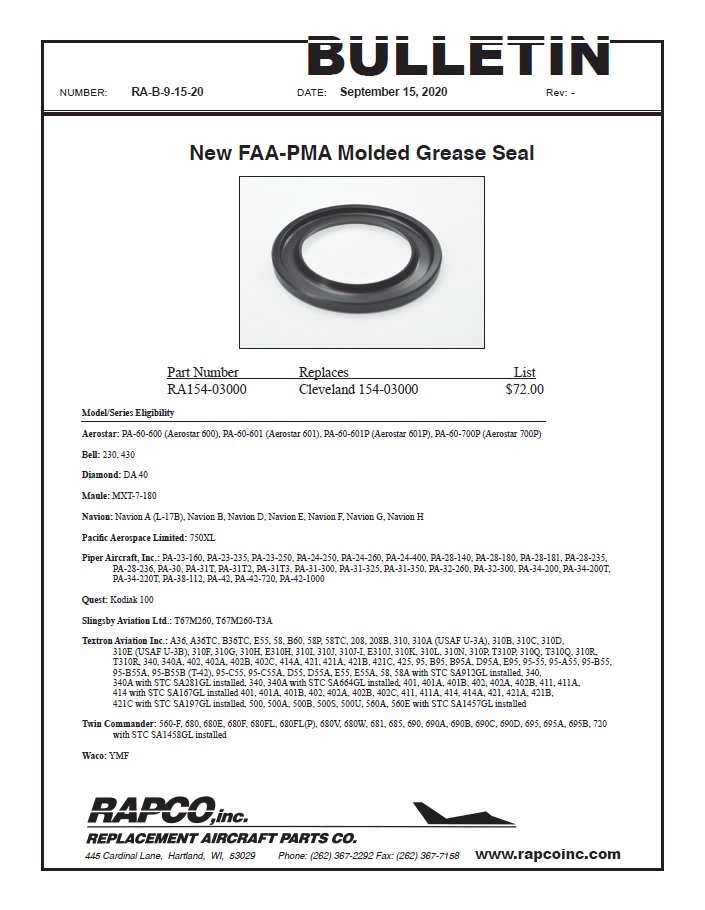 Rapco's tweet photo. As always, RAPCO is striving to be able to supply high quality parts at a substantial savings. Our newest addition is an FAA-PMA Molded Grease Seal (RA154-03000) that is applicable on a vast amount of aircraft. https://t.co/bXZzqChvc2