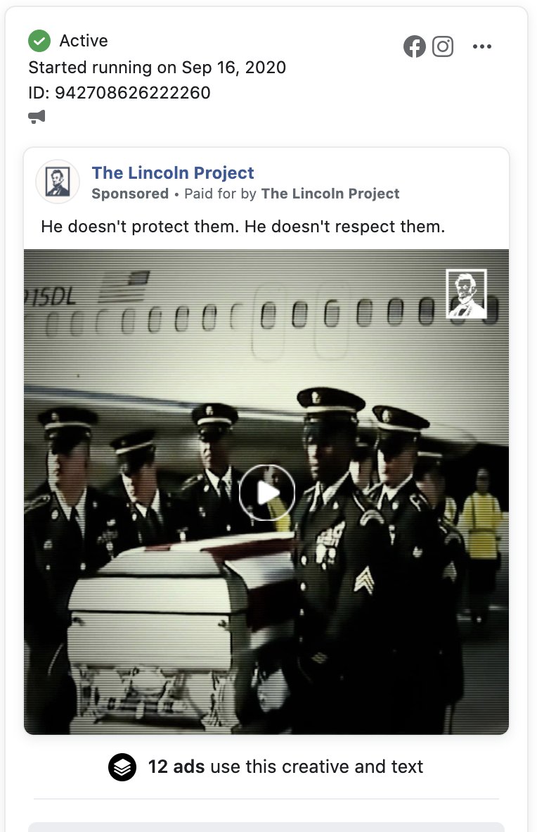The  @ProjectLincoln calls Trump a "draft-dodger" and make claims that  @realDonaldTrump doesn't protect our troops and doesn't respect them. This should be fact-checked and immediately removed. It's not fact-checkable.